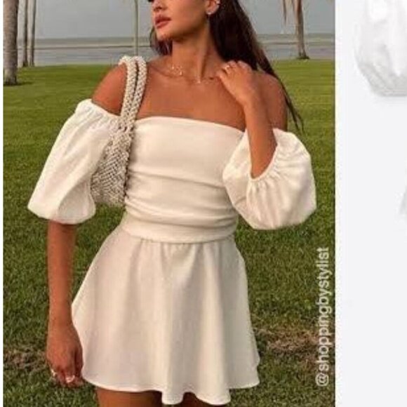 ZARA Off-Shoulder White Dress with Puff Sleeves Size Small NEW WITH TAG! - Picture 4 of 7